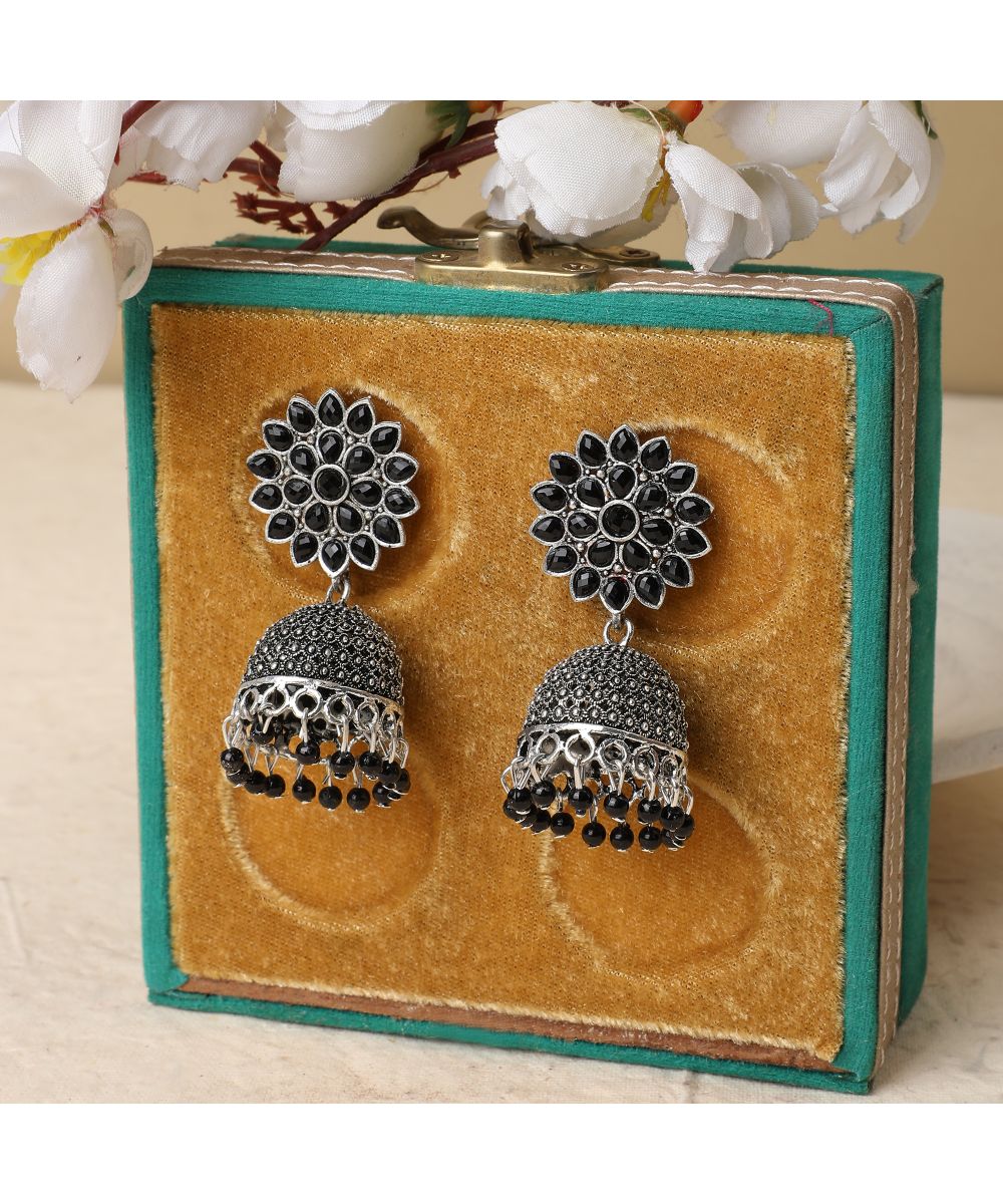 Women's Oxidised Black Colored Stone Studded Classic Jhumka Earring