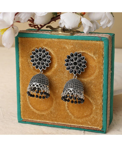 Women's Oxidised Black Colored Stone Studded Classic Jhumka Earring