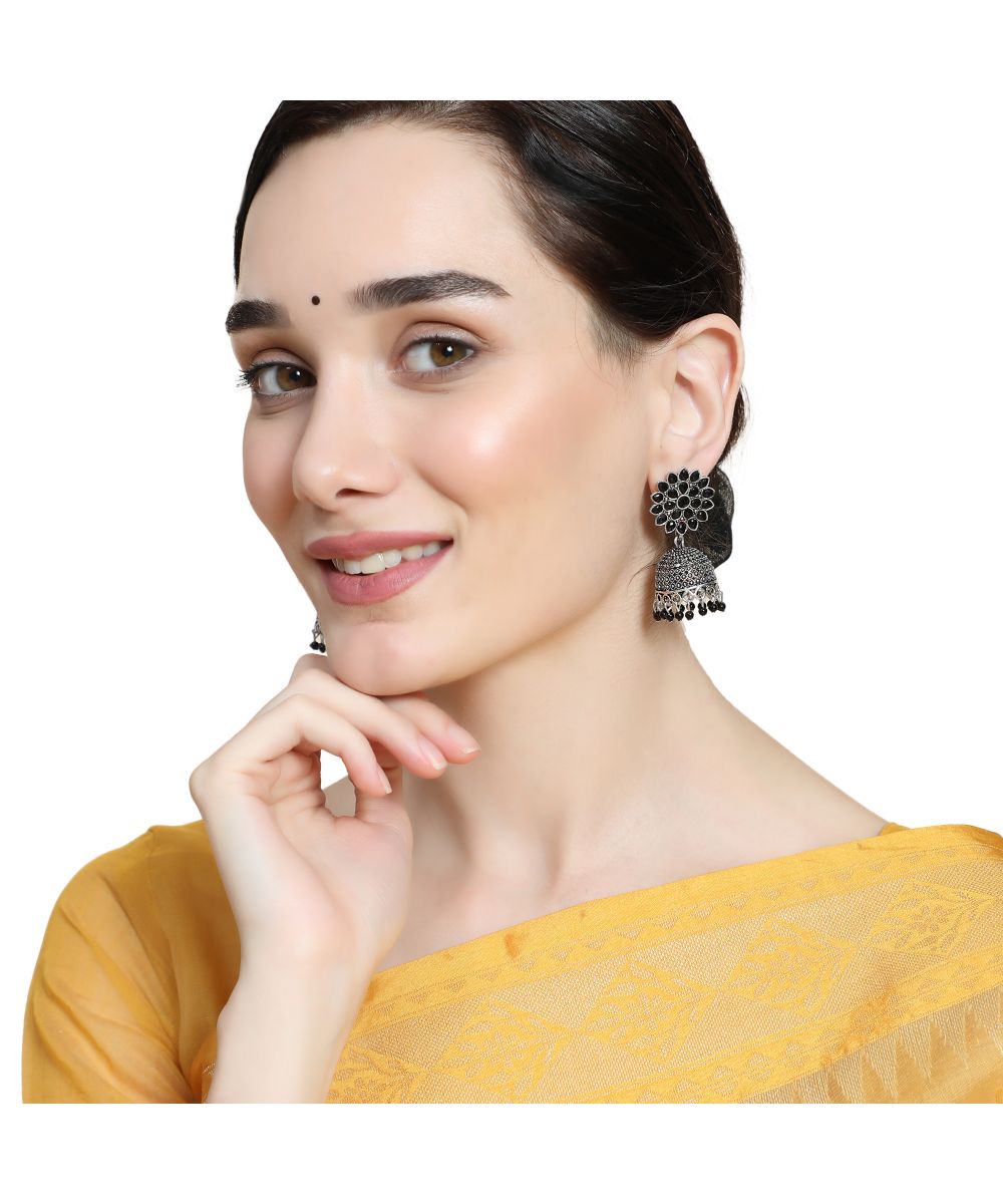 Women's Oxidised Black Colored Stone Studded Classic Jhumka Earring