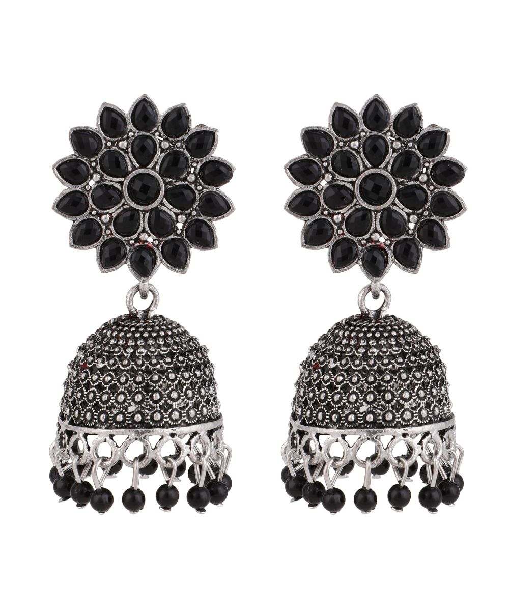 Women's Oxidised Black Colored Stone Studded Classic Jhumka Earring