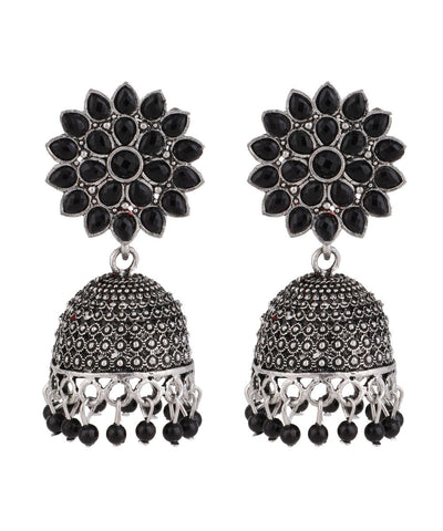 Women's Oxidised Black Colored Stone Studded Classic Jhumka Earring