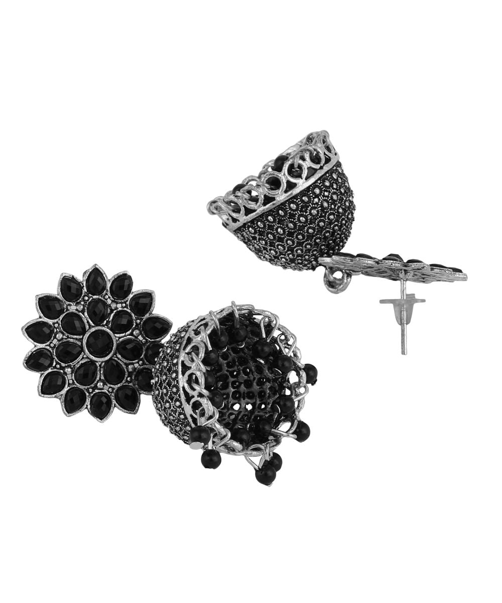 Women's Oxidised Black Colored Stone Studded Classic Jhumka Earring