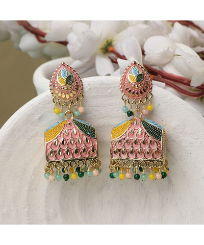 Women's Gold Plated Enameled Multi Color Statement Jhumka Earring