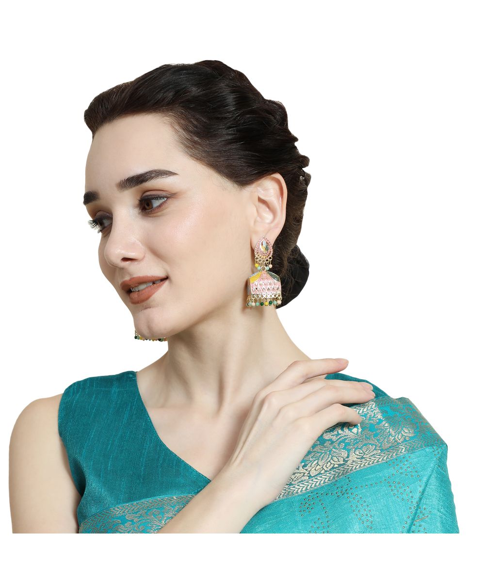 Women's Gold Plated Enameled Multi Color Statement Jhumka Earring