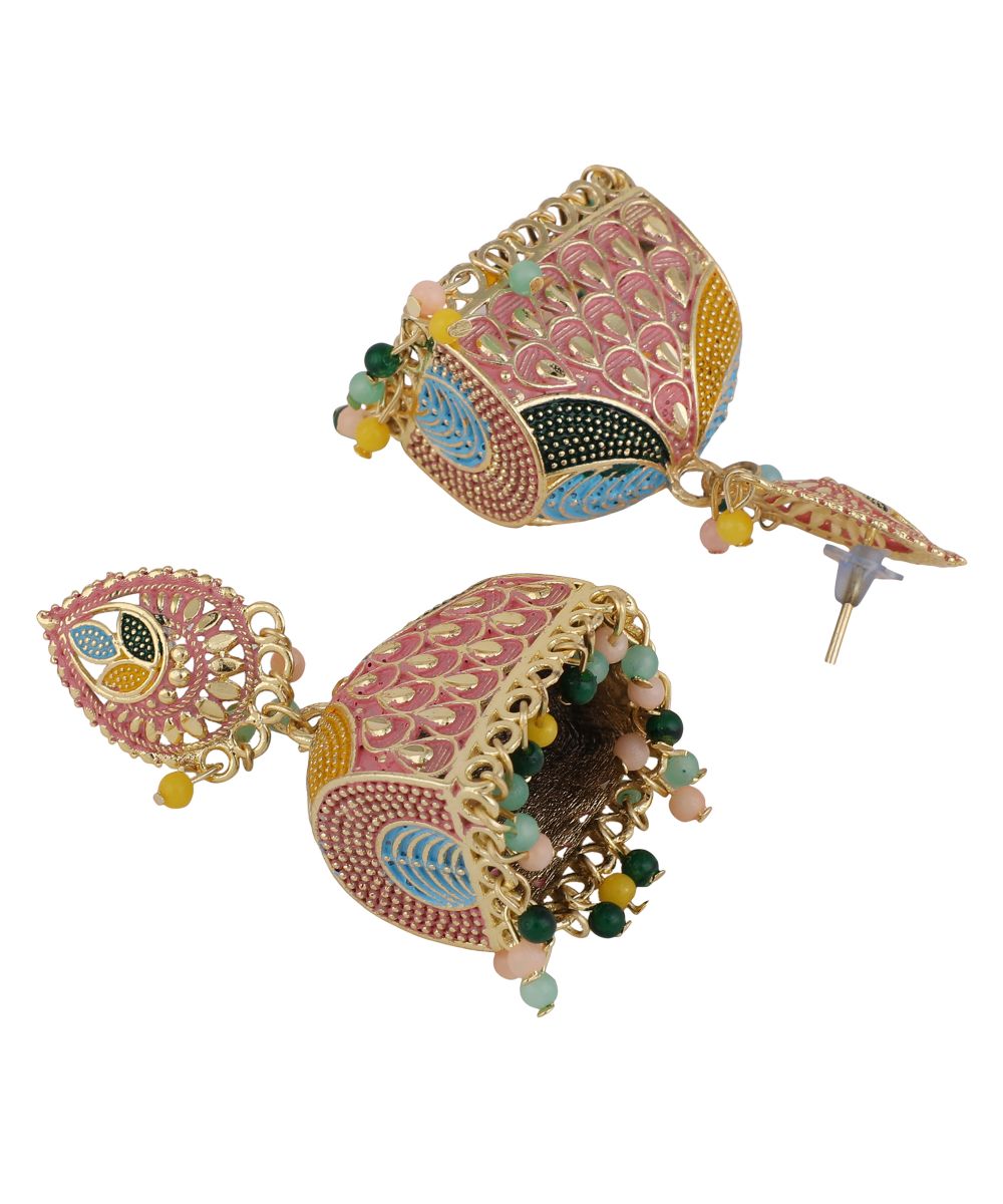 Women's Gold Plated Enameled Multi Color Statement Jhumka Earring
