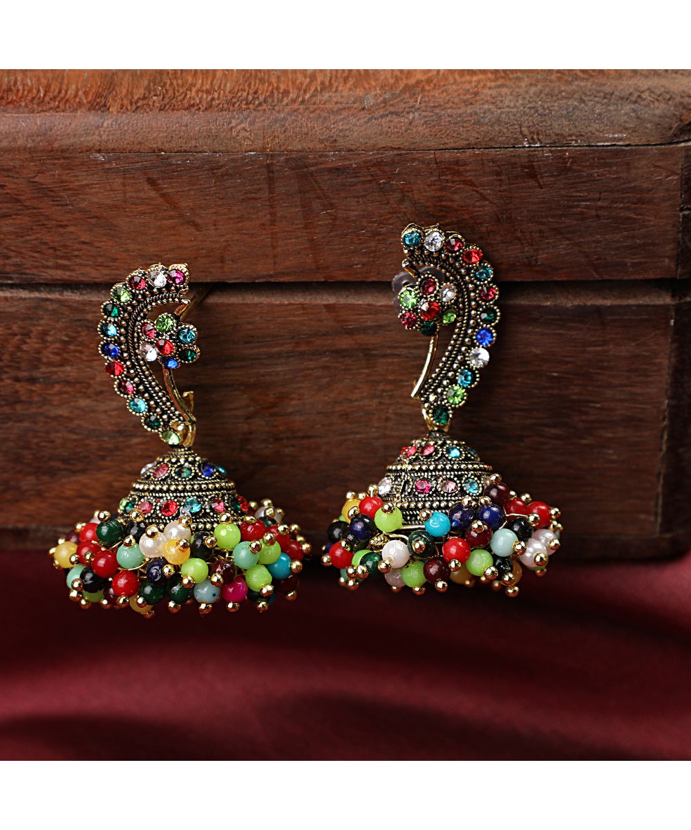 Women's Maharashtran Nath Shaped Multicolor Stone and Pearl Studded Jhumka Earring