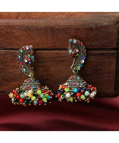 Women's Maharashtran Nath Shaped Multicolor Stone and Pearl Studded Jhumka Earring