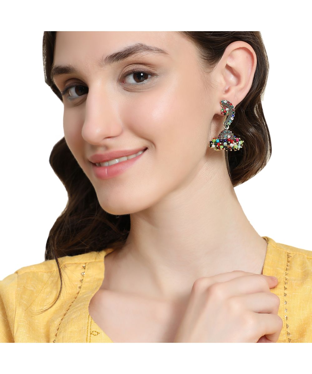 Women's Maharashtran Nath Shaped Multicolor Stone and Pearl Studded Jhumka Earring