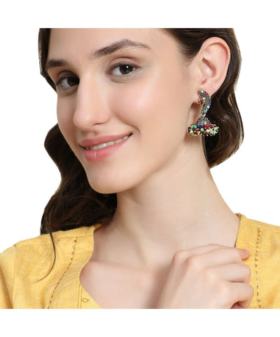 Women's Maharashtran Nath Shaped Multicolor Stone and Pearl Studded Jhumka Earring