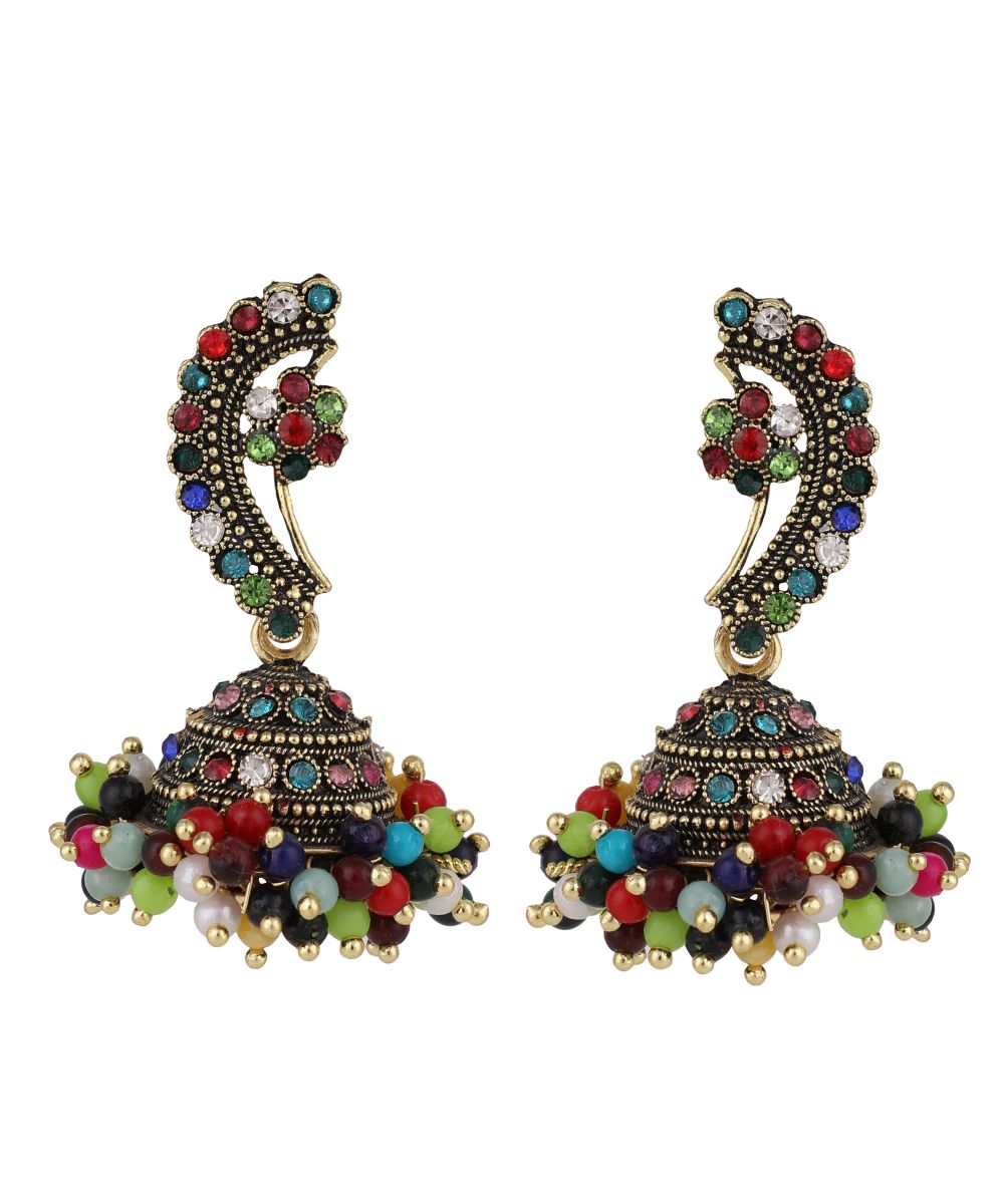 Women's Maharashtran Nath Shaped Multicolor Stone and Pearl Studded Jhumka Earring