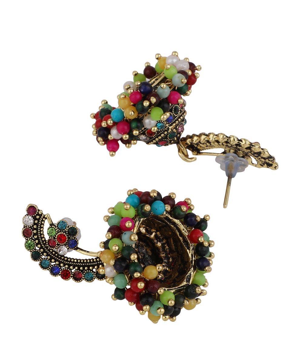 Women's Maharashtran Nath Shaped Multicolor Stone and Pearl Studded Jhumka Earring