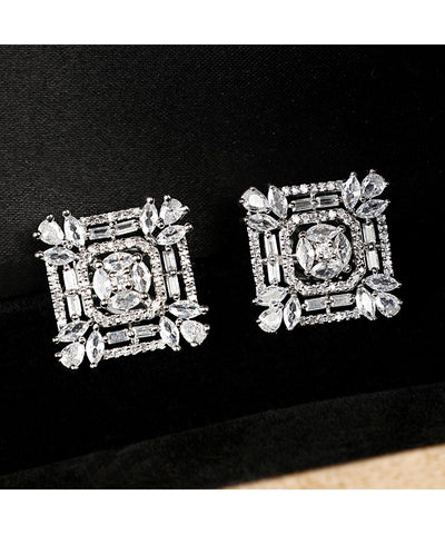 Women's American Diamond Statement Silver Square shaped Stud Earring
