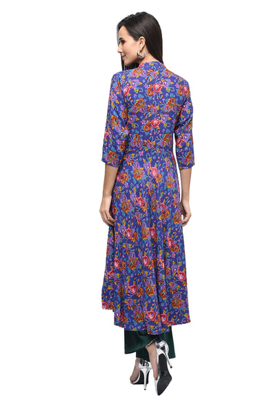 Women's Blue Rayon Printed Half Sleeve Round Neck Casual Kurta Only