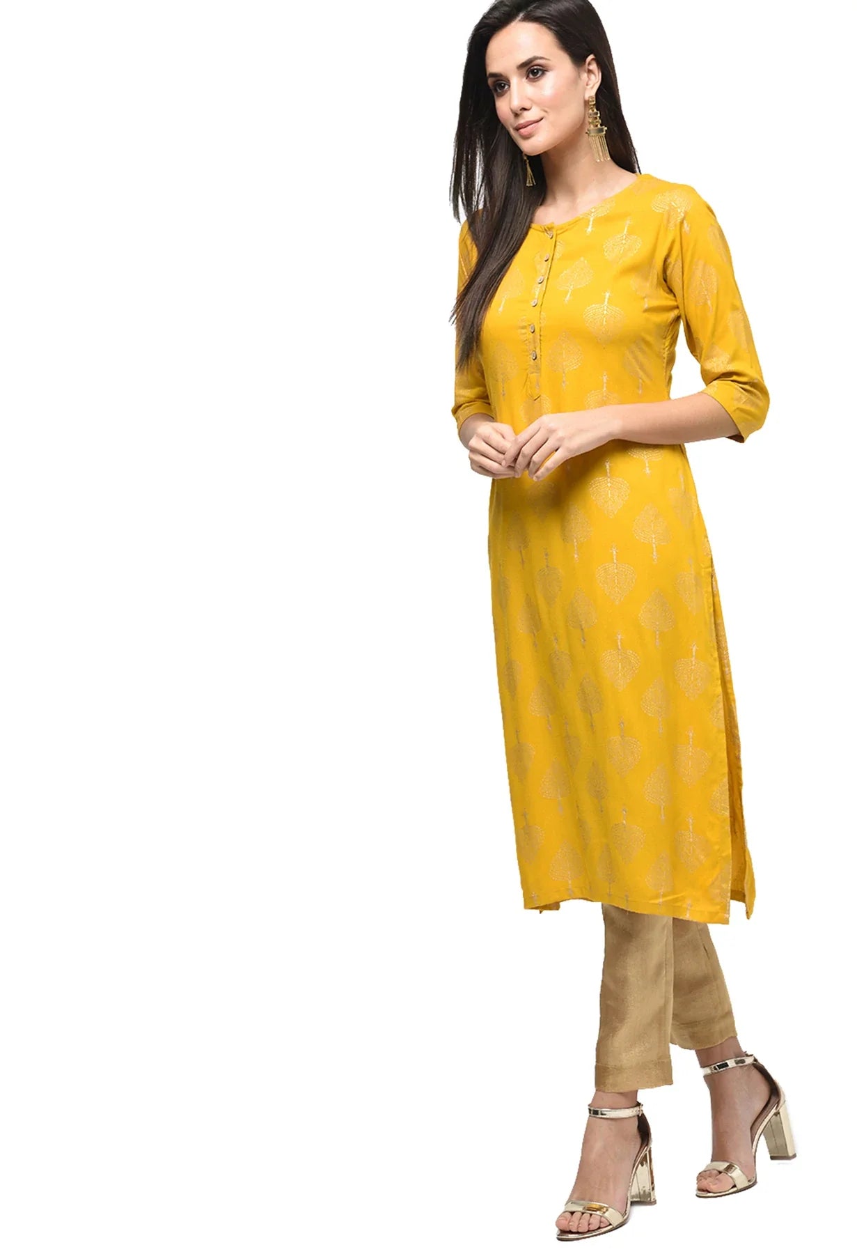 Women's Yellow Rayon Printed Kurta