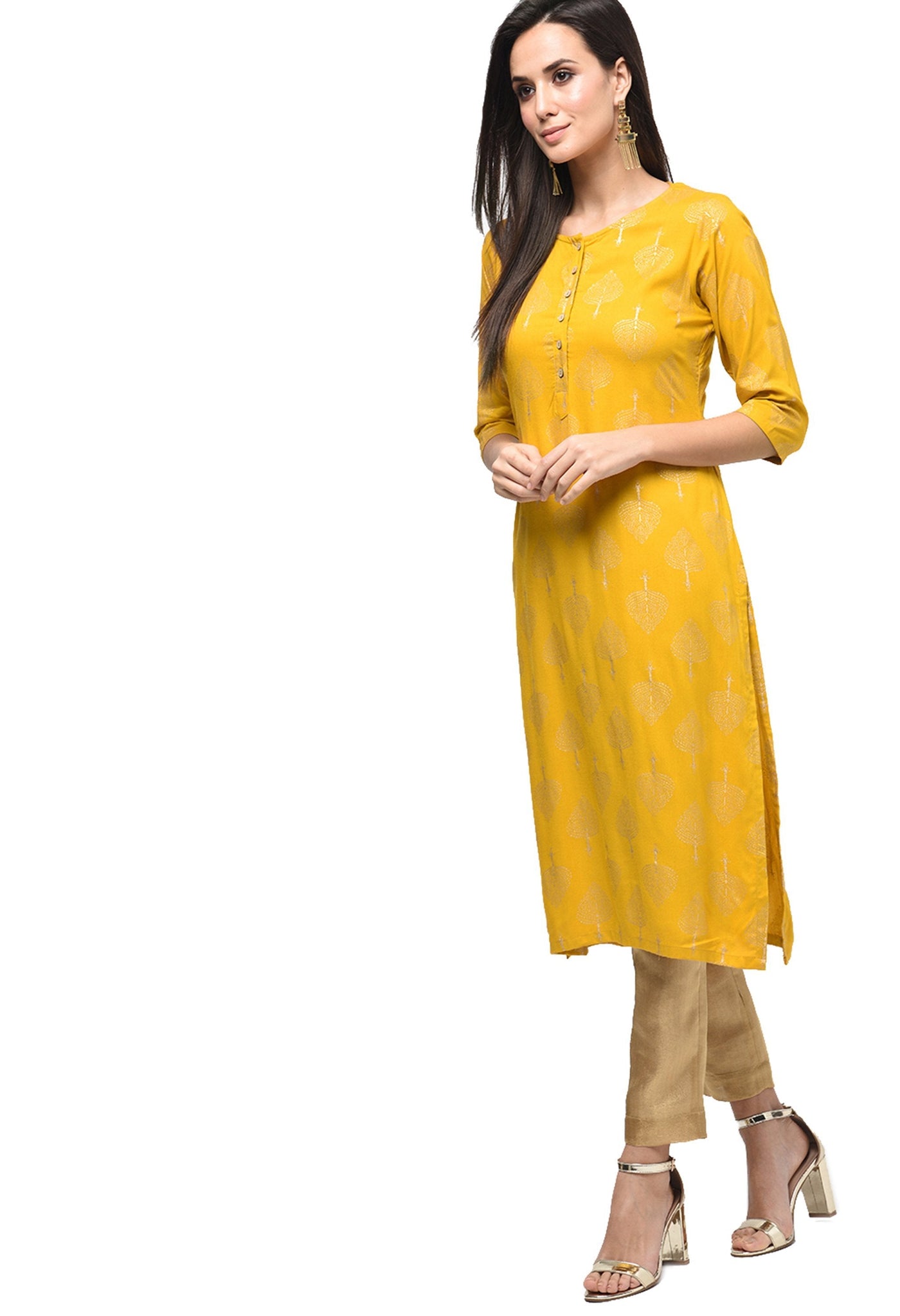 Women's Yellow Rayon Printed 3/4 Sleeve Round Neck Casual Kurta Only