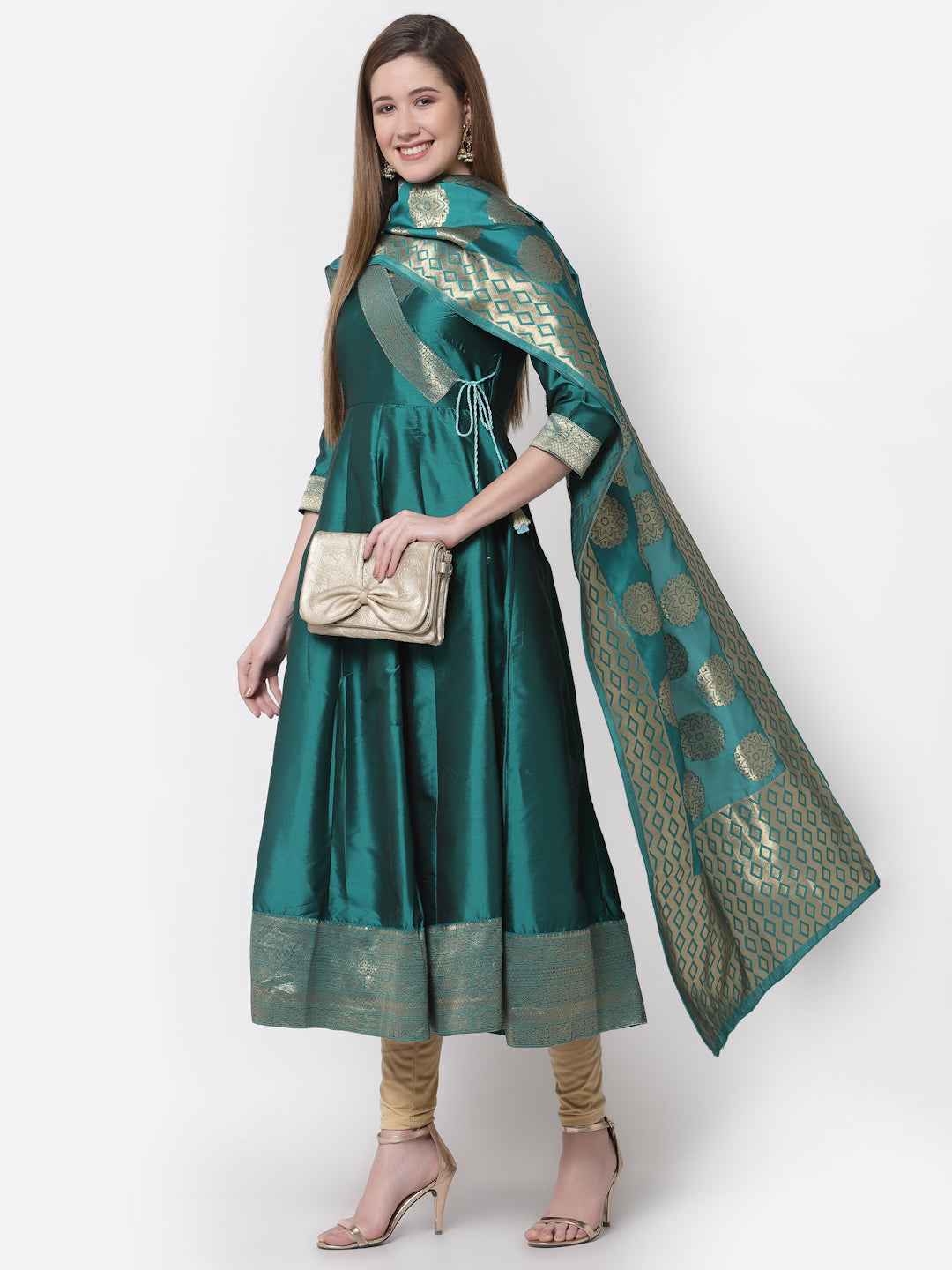 Women's Stylish Silk V Neck 3/4 Sleeve Solid Anarkali Gown with Dupatta