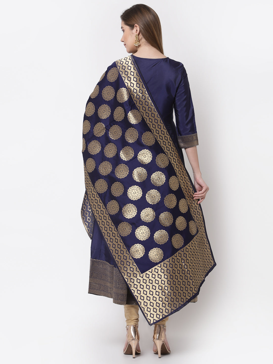 Women's Stylish Silk V Neck 3/4 Sleeve Solid Anarkali Gown with Dupatta