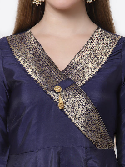 Women's Stylish Silk V Neck 3/4 Sleeve Solid Anarkali Gown with Dupatta