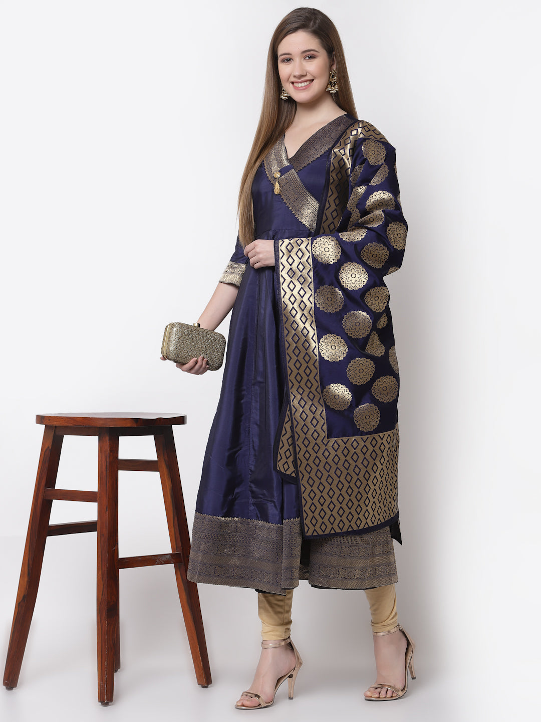 Women's Stylish Silk V Neck 3/4 Sleeve Solid Anarkali Gown with Dupatta