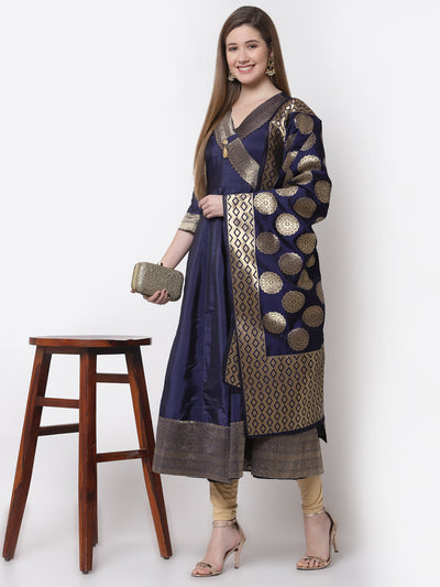 Women's Stylish Silk V Neck 3/4 Sleeve Solid Anarkali Gown with Dupatta