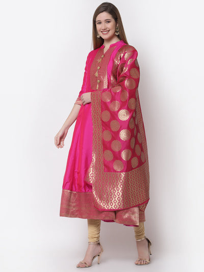 Women's Stylish Silk Mandarin Neck 3/4 Sleeve Solid Anarkali Gown with Dupatta