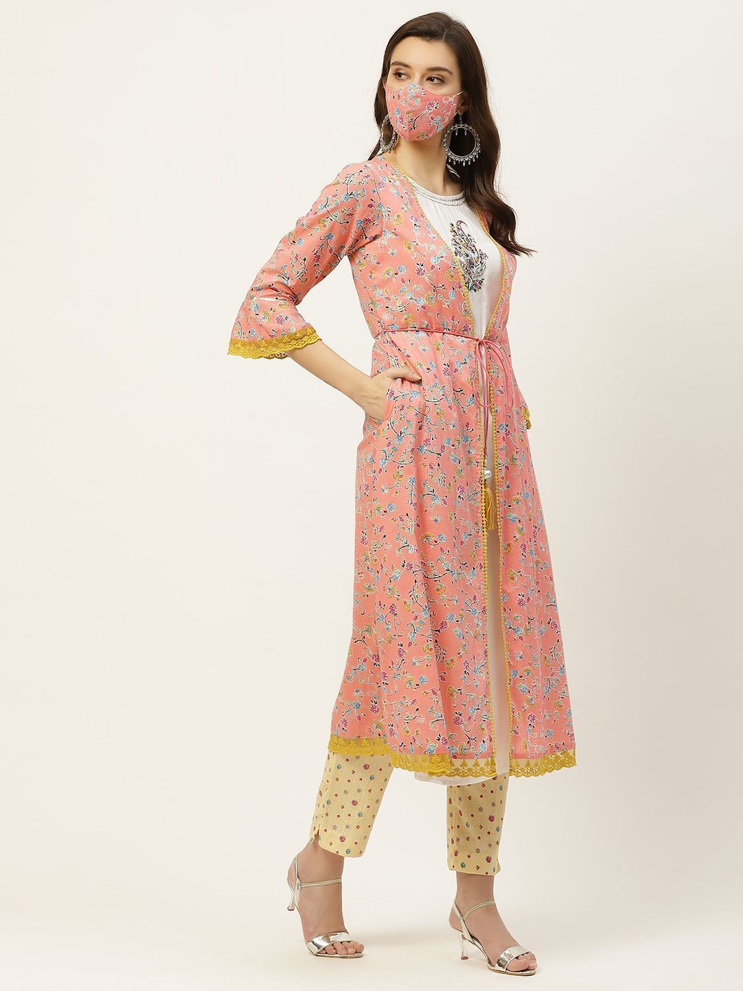 Women's Kurta with Floral Print Jacket and Mask