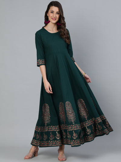 Women's Green & Gold Block Printed Maxi Dress With Three Quarter Sleeves
