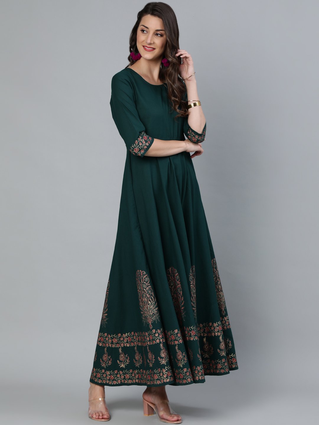 Women's Green & Gold Block Printed Maxi Dress With Three Quarter Sleeves