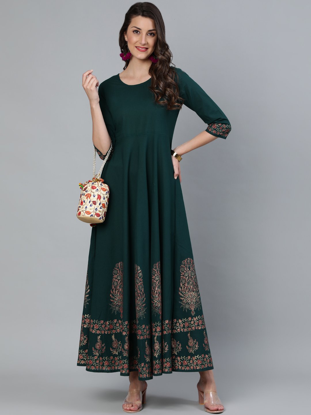 Women's Green & Gold Block Printed Maxi Dress With Three Quarter Sleeves