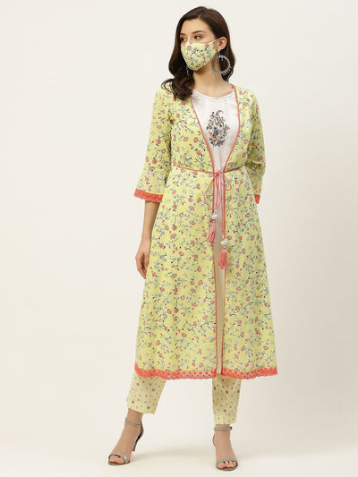 Women's Kurta with Floral Print Jacket and Mask