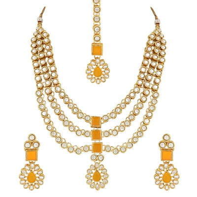 Women's 18K Gold Plated Traditional Kundan Necklace Jewellery Set with Earrings & Maang Tikka 
