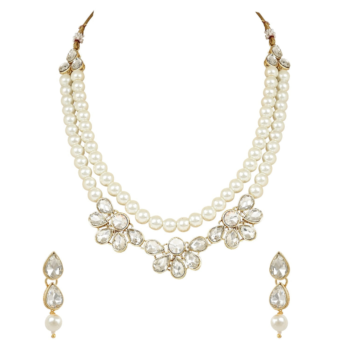 Women's 18K Gold Plated Traditional Kundan & Pearls Necklace Jewellery Set with Earrings