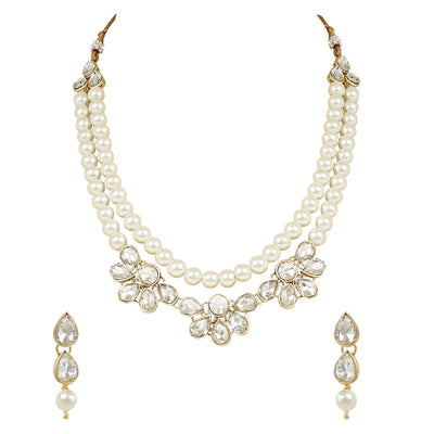 Women's 18K Gold Plated Traditional Kundan & Pearls Necklace Jewellery Set with Earrings