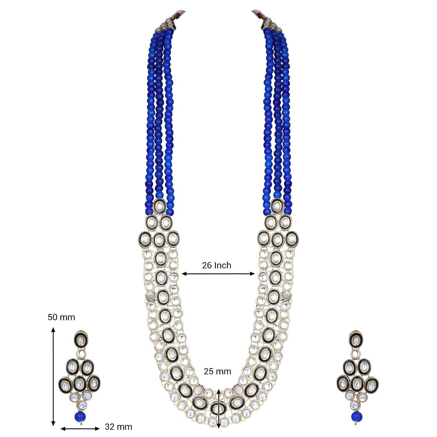Women's 18K Gold Plated Traditional Stunning Blue Meenakari Kundan Studded Pearl Necklace Jewellery Set with Earrings