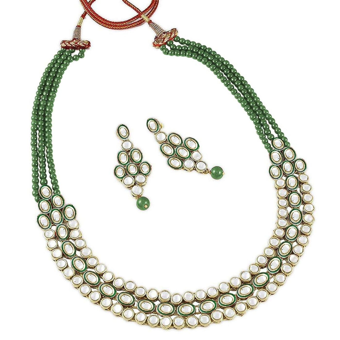 Women's 18K Gold Plated Traditional Stunning Green Meenakari Kundan Studded Pearl Necklace Jewellery Set with Earrings