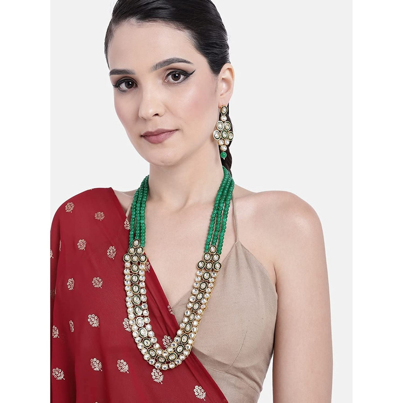 Women's 18K Gold Plated Traditional Stunning Green Meenakari Kundan Studded Pearl Necklace Jewellery Set with Earrings