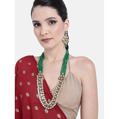 Women's 18K Gold Plated Traditional Stunning Green Meenakari Kundan Studded Pearl Necklace Jewellery Set with Earrings