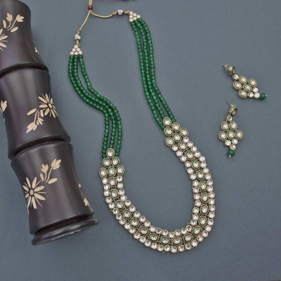 Women's 18K Gold Plated Traditional Stunning Green Meenakari Kundan Studded Pearl Necklace Jewellery Set with Earrings