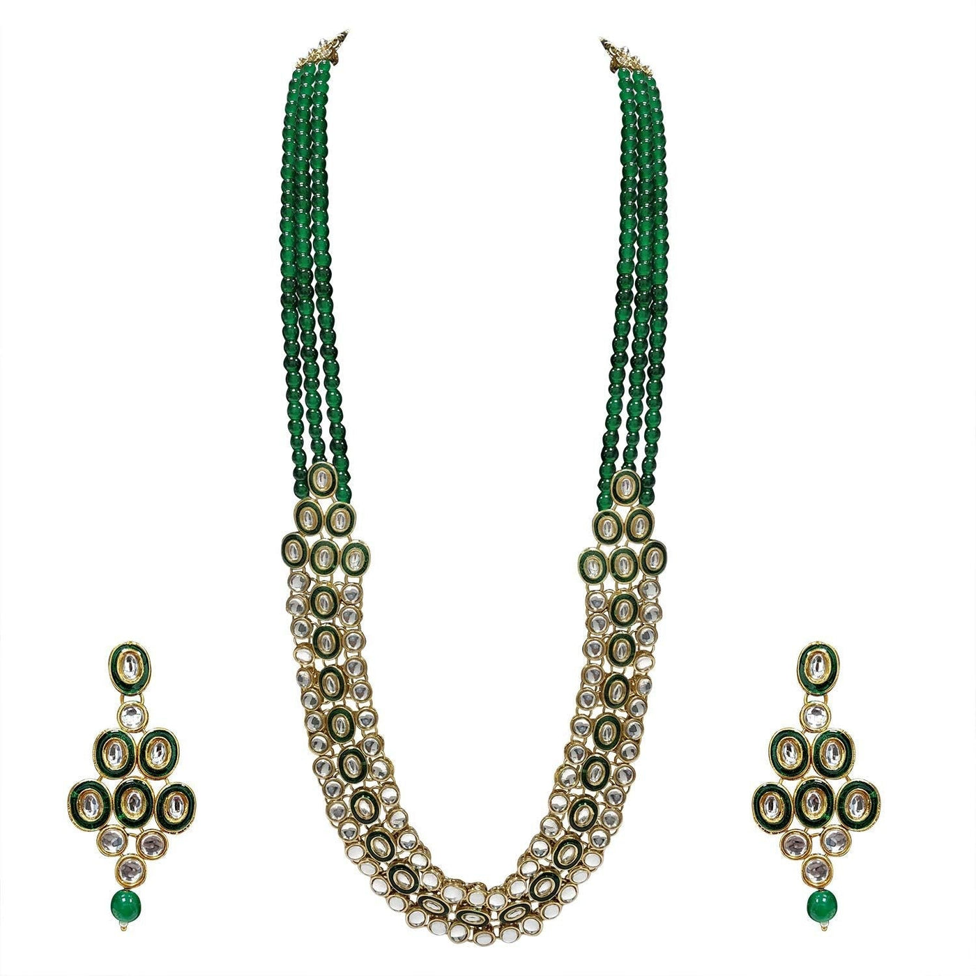 Women's 18K Gold Plated Traditional Stunning Green Meenakari Kundan Studded Pearl Necklace Jewellery Set with Earrings