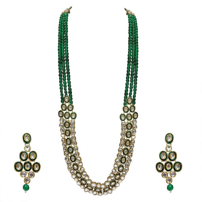 Women's 18K Gold Plated Traditional Stunning Green Meenakari Kundan Studded Pearl Necklace Jewellery Set with Earrings