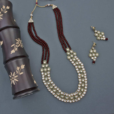 Women's 18K Gold Plated Traditional Stunning Maroon Meenakari Kundan Studded Pearl Necklace Jewellery Set with Earrings