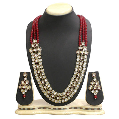 Women's 18K Gold Plated Traditional Stunning Maroon Meenakari Kundan Studded Pearl Necklace Jewellery Set with Earrings