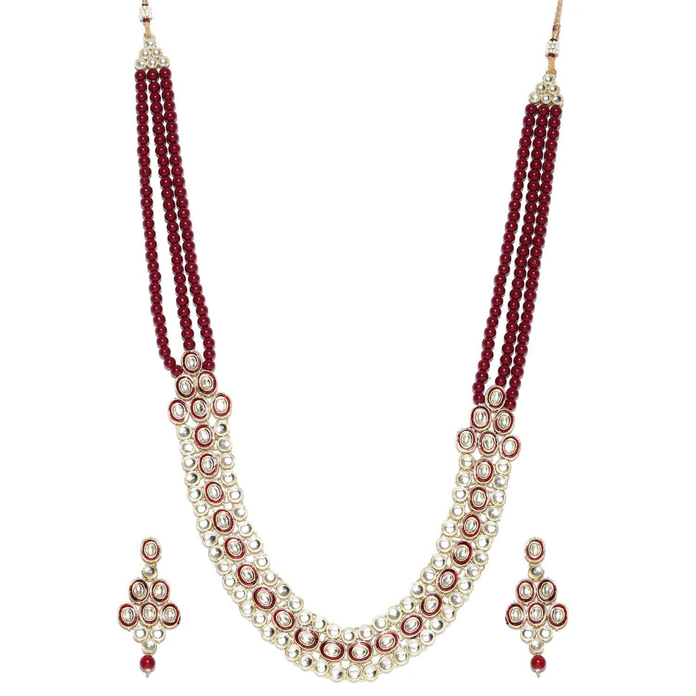 Women's 18K Gold Plated Traditional Stunning Maroon Meenakari Kundan Studded Pearl Necklace Jewellery Set with Earrings