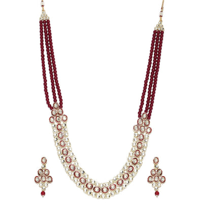 Women's 18K Gold Plated Traditional Stunning Maroon Meenakari Kundan Studded Pearl Necklace Jewellery Set with Earrings