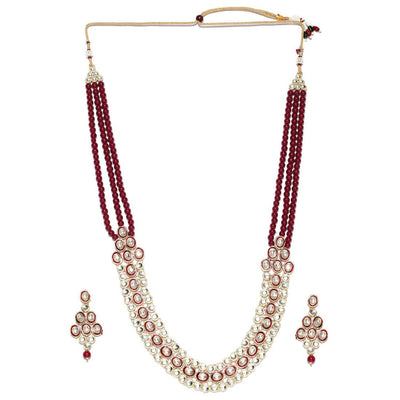 Women's 18K Gold Plated Traditional Stunning Maroon Meenakari Kundan Studded Pearl Necklace Jewellery Set with Earrings