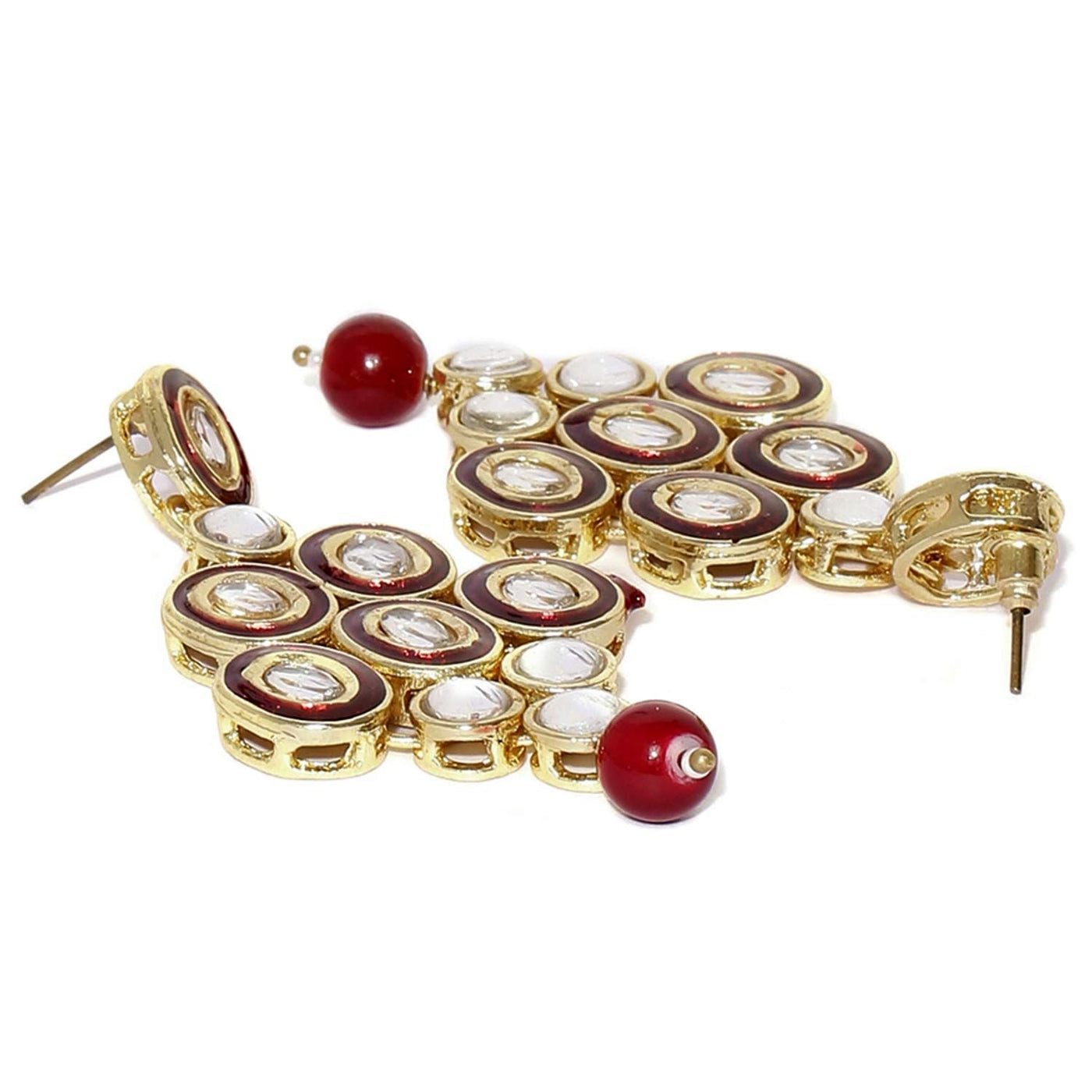 Women's 18K Gold Plated Traditional Stunning Maroon Meenakari Kundan Studded Pearl Necklace Jewellery Set with Earrings