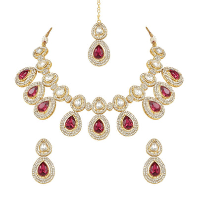 Women's 18K Gold Plated Traditional Kundan & Stone Studded Choker Necklace Jewellery Set with Earrings & Maang Tikka