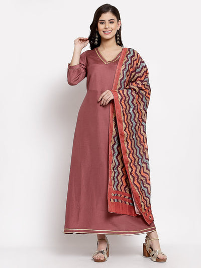 Women's Dark Pink Cotton Solid 3/4 Sleeve V Neck Casual Anarkali Gown