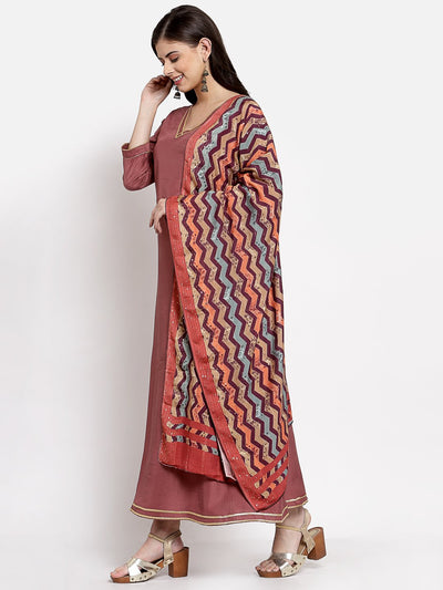 Women's Dark Pink Cotton Solid 3/4 Sleeve V Neck Casual Anarkali Gown