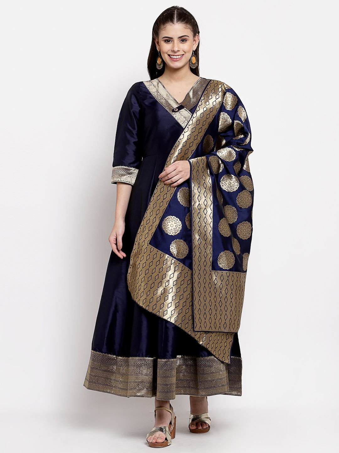 Women's Multi Silk Solid 3/4 Sleeve V Neck Casual Anarkali Gown